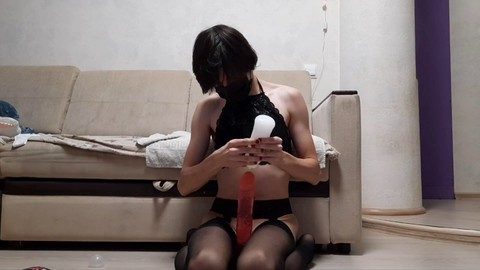 Naughty femboy in sexy black lingerie rides and stretches his tight fuck hole with a massive dildo