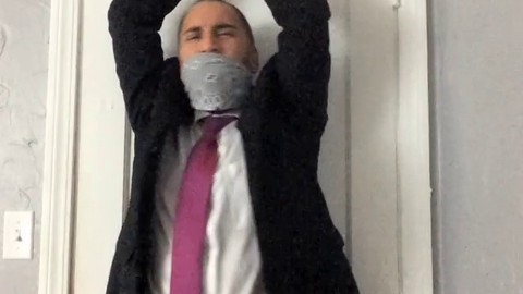 Gay suit, self gag, gay sock gagged